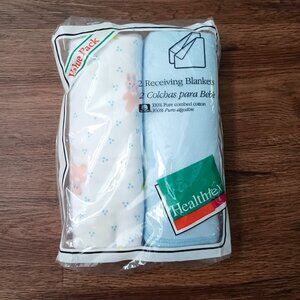 New Vintage Healthtex 2 Receiving Blankets Bunny Bear Dots Blue USA